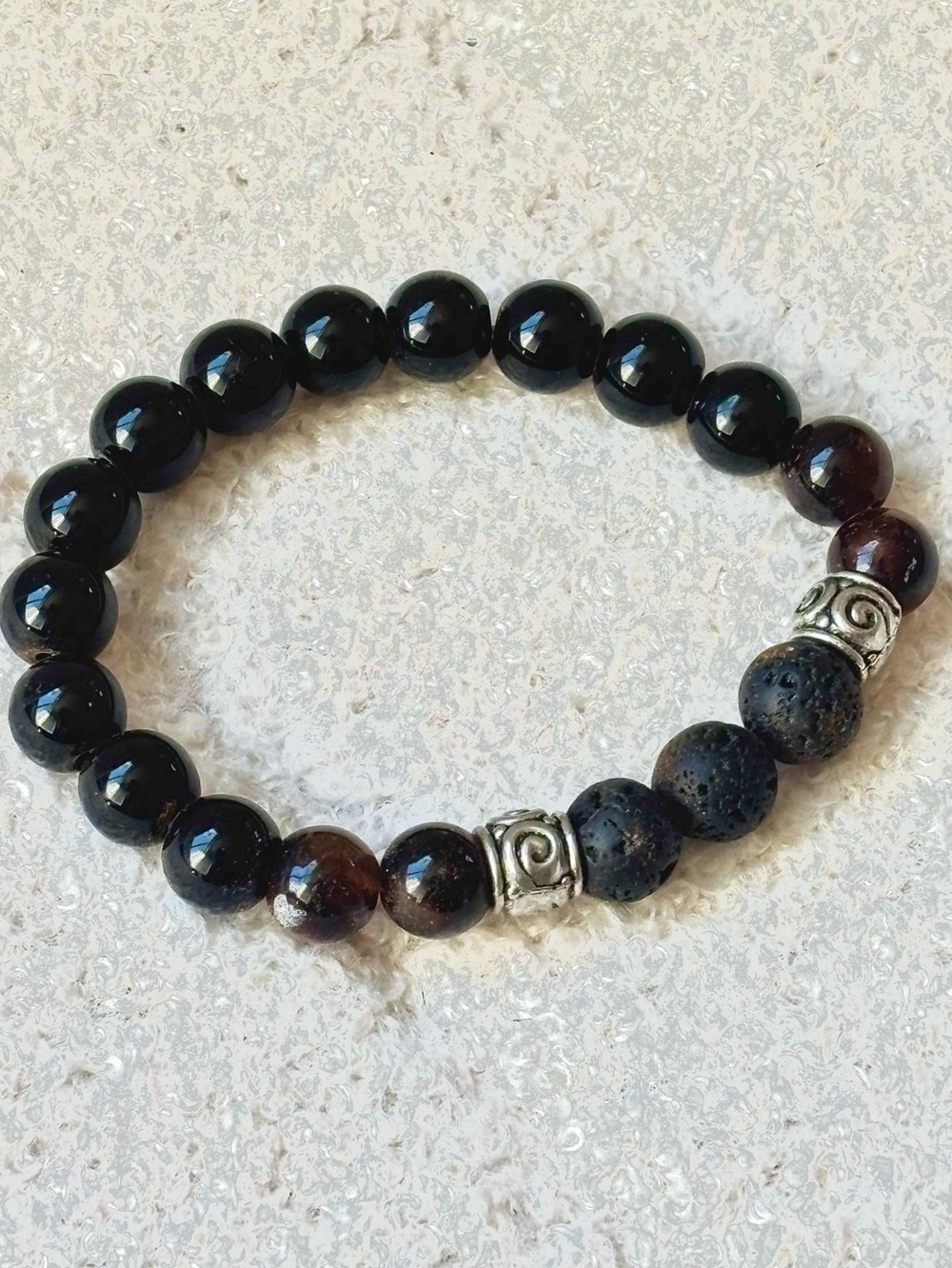JET BLACK ONYX & RED TIGER LAVA MENS BRACELET